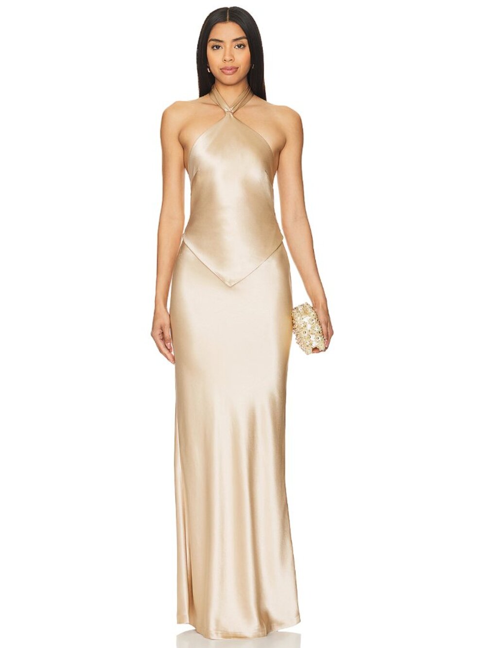 retrofete Ester Maxi Dress in Nude Gold Satin Halter Gown XS